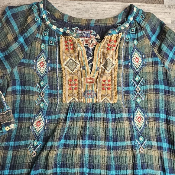 Johnny Was Workshop XL Blue Green Plaid Heavy Embroidery Aztec Western - Picture 2 of 16